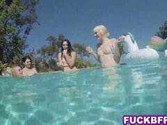 Wild pool party with two teen BFFs sharing a hard cock in the pool