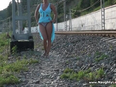 Naughty Russian MILF Lada - Nude on railway - Public flashing & nudity outdoors