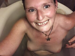 Hot step-mom jerking off with a dong in the bath and the orgasmic aftermath