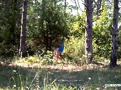 Watch this tight ginger get her tight pussy pounded in nature with a cumshot