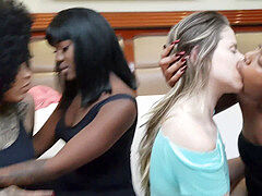 MF interracial lesbos seduce a young blondie into deep kissing and makeout