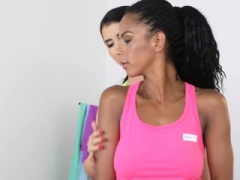 Tanned fitness chick and coach licking