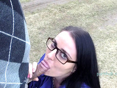 jizzing on black-haired with glasses outside!