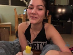 Karly licks the cum off of her hand