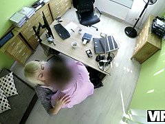 Watch this stunning babe gulp down a huge cock & take it hard in the office