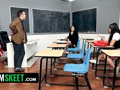 Teacher fucks two Asian students hard in a risky school day POV