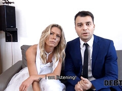 Watch blonde bride Claudia Mac get caught in the act & pay off loan shark debt with her tight pussy