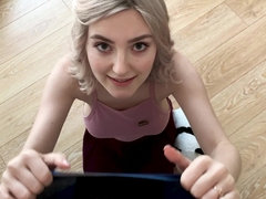 Eva Elfie gets down on her knees to suck thick throbbing cock