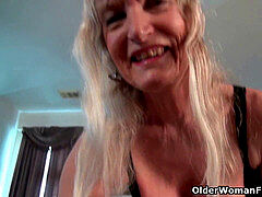 Next door grannie Claire disrobes off and plays with her pantyhosed twat