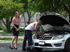 Americano, Coche, Garganta profunda, Novia, Gafas, Oficina, Al aire libre, Medias largas