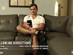 Watch Bellesa Films follow directions as horny brunette gets pussy licked and fucked on couch by Nathan Bronson and Alex Coal