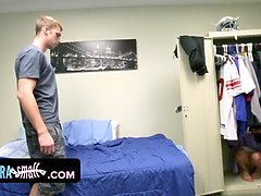 Little small dark haired slinks into football player's dorm room and gets disciplined by his huge dong