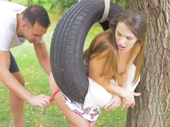 Hot Veronica receives cock in pink wet hole on the tire swing