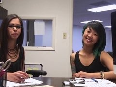 Double blowjob with balls worship & cumshots in the office