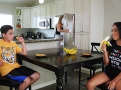 Maya Bijou gives her stepbrother under table bj then gets fucked on the table