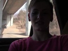 Short haired Bella Pumpkin gives a blowjob & rides stranger's dick in the backseat