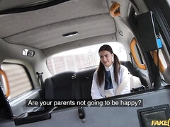 Hot ride with a sex-addicted slender teen Jenny Doll on the backseat