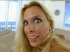 Blonde hottie teases man with giant boobs when riding cock