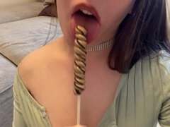 From craving a lollipop to craving a throbbing erection! Massive load swallowed in sloppy deepthroat!
