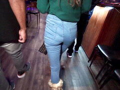 Slutty girl blows a stranger and rides his dick in the pub