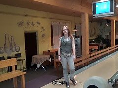 Czech teen with money helps hunter get a hot bowling bar blowjob & pussy licking in POV