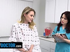 Kyler Quinn gets a helping hand from her Redhead Nurse during her nervous exam with Doctor