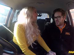 Busty blonde with tattoos takes a hard pounding before her driving test in Fake Driving School