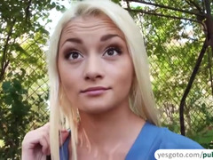 Beautiful Russian nurse shows tits and have hardcore sex in public