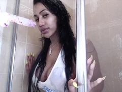 Noire, Gode, Hd, Fille latino, Masturbation, Chatte, Douche, Solo