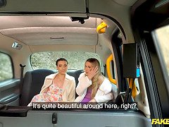 Blonde and brunette friends share taxi driver's cock in hot threesome