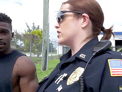 Big cock, Black, Blowjob, Brunette, Muscle, Police, Reality, Threesome