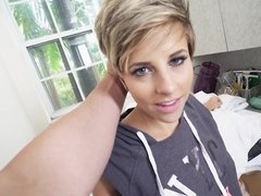 Blonde is getting cum in her pretty face straight in front of the camera