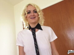Good short-haired blonde with natural tits Marilyn Moore gives a blowjob