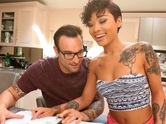 Black, Blowjob, Caught, Doggystyle, Handjob, Interracial, Kitchen, Tattoo