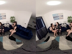 POV VR lesbian threesome video recorded for boyfriend with busty brunette ladies