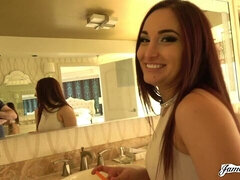 Bathroom, Behind the scenes, Big ass, Big tits, Natural tits, Redhead, Shaved