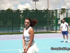 Curly ebony spinner gets on cock after tennis