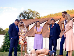 A man in a dog mask is fucking the bride while outside