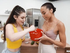 Alexis Tae and Lily Lou are kissing and fucking in the kitchen