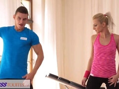 Katy Rose, the flexible blonde stunner, gets a personalized training session from her European trainer at FitnessRooms