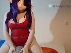Xelphie Grey enjoys kinky balloon ride and has latex orgasm in one-piece swimsuit